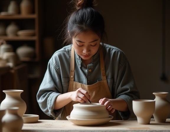 Artisan working in a Japanese pottery workshop